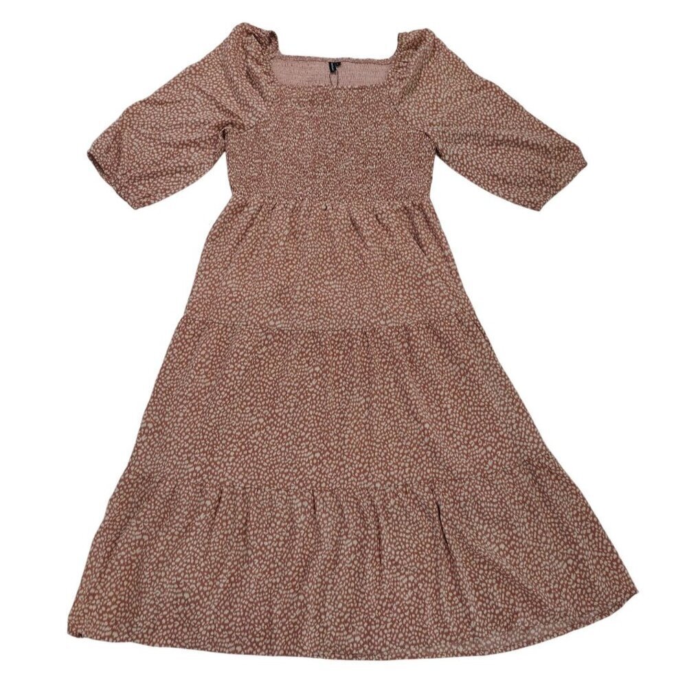 Annebouti Womens Smocked Midi Dress In Pink & White Animal Print - Size L, NWT